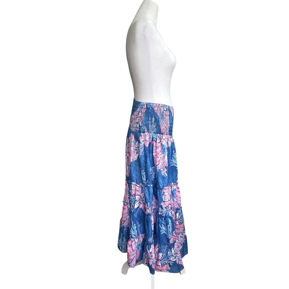 Lilly Pulitzer Deavan Pull-on Tiered Midi Skirt For The Fans Pink Blue Beachy S